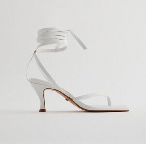 Zara Leather Square Toe Heeled Sandals – White, Size 10